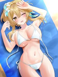 1girl bikini blonde_hair blush breasts flower genshin_impact hair_flower hair_ornament highres ikurumidwd large_breasts lumine_(genshin_impact) open_mouth swimsuit yellow_eyes