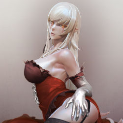 1girl 3d armpits bare_shoulders black_thighhighs blonde_hair blood bloody_tears breasts cowboy_shot dress elbow_gloves fangs female_focus full_body garter_straps gloves hair_ribbon kiss-shot_acerola-orion_heart-under-blade kizumonogatari large_breasts leslyzerosix lips long_hair monogatari_(series) oshino_shinobu parted_lips pointy_ears red_dress ribbon solo strapless thighhighs torn_clothes torn_thighhighs vampire very_long_hair white_gloves yellow_eyes