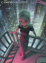 1girl absurdres balcony breasts building chromatic_aberration cityscape commission cross cross_necklace full_body grey_hair highres jewelry kanikumi_toi looking_to_the_side medium_hair necklace neon_lights night original outdoors pants pink_eyes railing shirt skyscraper small_breasts solo t-shirt