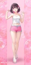 1girl absurdres alternate_costume azki_(hololive) bare_arms bare_legs black_hair bob_cut breasts camisole colored_inner_hair commentary_request dolphin_shorts double-parted_bangs feet hair_between_eyes hair_intakes hair_ornament hairclip hands_up highres holding holding_own_hair hololive legs looking_at_viewer loungewear medium_breasts midriff mole mole_under_eye multicolored_hair nail_polish navel pink_hair pink_nails pink_shorts purple_eyes sandals short_hair short_shorts shorts sidelocks solo streaked_hair toenail_polish toenails toes virtual_youtuber wajuniorbox waving white_camisole white_hair