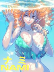 absurdres breasts brown_eyes cleavage highres large_breasts long_hair looking_at_viewer nami_(one_piece) navel one_piece opalis orange_hair smile underwater