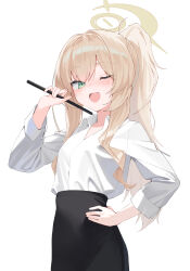 1girl absurdres black_skirt blonde_hair blue_archive collared_shirt commentary cowboy_shot fang h9_99999 halo hand_on_own_hip highres holding holding_pointer long_hair long_sleeves one_eye_closed open_mouth pointer ponytail professor_niyaniya_(blue_archive) professor_niyaniya_(teacher)_(blue_archive) shirt simple_background skirt solo symbol-only_commentary white_background white_shirt yellow_halo