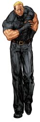 1boy absurdres belt black_hair blonde_hair capcom_vs_snk fatal_fury fingerless_gloves game_cg gloves grin hand_in_pocket hand_up highres looking_to_the_side male_focus multicolored_hair muscular muscular_male nishimura_kinu non-web_source official_art short_hair simple_background smile solo teeth two-tone_hair white_background yamazaki_ryuuji