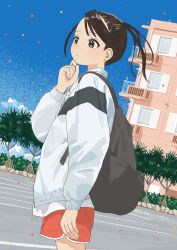 1girl absurdres backpack bag black_bag black_eyes black_hair blue_sky building cloud commentary confetti cowboy_shot day hand_on_own_chin hand_up highres jacket long_sleeves mashiro_ka matsushima_seika_(mashiro_ka) okinawa original outdoors ponytail real_world_location red_shorts shorts side_ponytail sky solo standing sweater tree