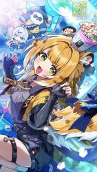 1boy 2girls animal_ear_fluff animal_ears asymmetrical_gloves black_fur black_gloves bow bracelet chibi collared_shirt colored_inner_hair elbow_gloves fat fingerless_gloves food gloves green_eyes grey_shirt guest_art high-waist_shorts highres jacket jewelry ju_fufu multicolored_fur multicolored_hair multiple_girls open_mouth orange_fur pan_yinhu panda_boy pomu_(joynet) popcorn round_eyewear shirt shorts single_elbow_glove single_hair_intake single_thighhigh smile spiked_bracelet spikes striped_fur tail tail_bow tail_ornament thigh_strap thighhighs tiger_ears tiger_girl tiger_stripes tiger_tail white_fur wok yellow_eyes yellow_jacket yixuan_(zenless_zone_zero) zenless_zone_zero