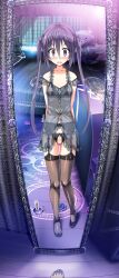 1girl akaza black_thighhighs bow bra breasts censored change!_ano_musume_ni_natte_kunkun_peropero collarbone crotchless crotchless_panties cupless_bra embarrassed female_focus female_pov frills full_body game_cg garter_straps highres long_hair looking_at_mirror mirror mosaic_censoring navel nipples panties pov purple_eyes purple_hair pussy see-through_clothes small_breasts solo tanabe_rumia thighhighs twintails underwear