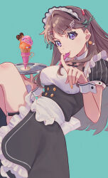 Rule 34 | 1girl, ai scream! (love live!), alternate color, alternate costume, aqua background, black dress, breasts, brown hair, commentary request, cropped, detached sleeves, dress, frilled dress, frills, fujishima megumi, hair ornament, heart, heart hair ornament, highres, holding, holding tray, ice cream cone, ice cream spoon, index finger raised, large breasts, link! like! love live!, long hair, looking at viewer, love live!, macken666, mouth hold, pinstripe sleeves, puffy short sleeves, puffy sleeves, purple eyes, short dress, short sleeves, single hair intake, solo, spoon, thigh strap, tray, utensil in mouth, v-shaped eyebrows