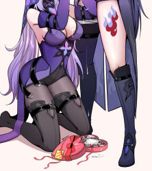 Rule 34 | 1futa, 1girl, absurdres, acheron (honkai: star rail), ankie (ankys ), artist name, asymmetrical legwear, black swan (honkai: star rail), breasts, chocolate, cleavage, cum, cum on food, detached sleeves, dress, futa with female, futanari, happy valentine, headdress, heart, highres, honkai: star rail, honkai (series), implied fellatio, implied futanari, kneehighs, kneeling, large breasts, leg tattoo, long hair, purple dress, purple hair, sexually suggestive, socks, suggestive fluid, tattoo, thigh strap, uneven legwear, valentine