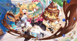 Rule 34 | 1boy, 2girls, absurdres, aether (genshin impact), artist request, blonde hair, blue eyes, cake, candy, chef hat, chinese commentary, chocolate, chocolate bar, chocolate cake, chocolate making, chocolate syrup, commentary request, dress, escoffier (genshin impact), food, genshin impact, hat, highres, holding, holding whisk, long hair, looking at viewer, mixing bowl, multiple girls, official art, open mouth, short dress, thighhighs, very long hair, whisk, white dress, white hat, white thighhighs
