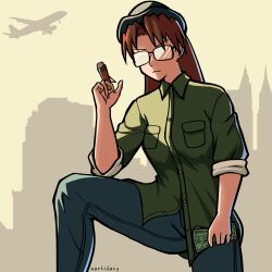 1girl aircraft airplane artist_name azumanga_daiou big_smoke big_smoke_(cosplay) black_hat black_pants breast_pocket brown_hair building cigarette closed_mouth collared_shirt cosplay glasses grand_theft_auto grand_theft_auto:_san_andreas green_shirt hand_up hat highres holding holding_cigarette holding_money jet_airliner long_hair markislazy mizuhara_koyomi money pants parody pocket rockstar shirt skyscraper sleeves_rolled_up solo standing watermark