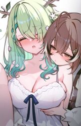 Rule 34 | 2girls, absurdres, alternate costume, antlers, black hair, blush, braid, breasts, brown eyes, brown hair, ceres fauna, cleavage, closed eyes, commentary, english commentary, grabbing another&#039;s breast, green hair, grey shirt, groping, hair between eyes, highres, hololive, hololive english, horns, koahri, large breasts, leaf, multicolored hair, multiple girls, nanashi mumei, shirt, streaked hair, sweat, virtual youtuber, white hair, yuri