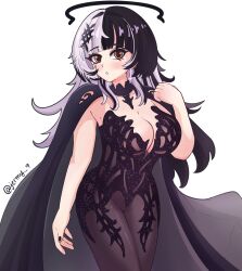 1girl alternate_costume black_cloak black_dress black_hair black_nails breasts chronopattern_dress cloak commentary dress english_commentary grey_hair highres hololive hololive_english jermy_9 large_breasts light_blush long_hair looking_at_viewer meme_attire multicolored_hair shiori_novella simple_background solo split-color_hair twitter_username two-tone_hair virtual_youtuber white_background yellow_eyes