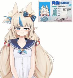 1girl absurdres ahoge animal_ear_fluff animal_ears beerbear_7321 blonde_hair blue_eyes blue_hair cat_ears dress fish_girl frilled_sailor_collar frills highres id_card indie_virtual_youtuber lifebuoy_hair_ornament long_hair looking_at_viewer low_twintails multicolored_hair paper_boat reference_inset sailor_collar sameko_saba sleeveless solo streaked_hair twintails very_long_hair virtual_youtuber white_dress