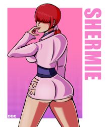 Rule 34 | 1girl, ass, breasts, clothes lift, dinkodx, dress, earrings, female focus, from behind, hand up, highres, jacket, jewelry, large breasts, long hair, long sleeves, looking at viewer, looking back, ponytail, red hair, shermie (kof), skirt, skirt lift, smile, standing, the king of fighters, thighs, twintails