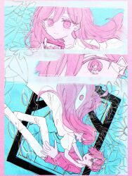 1boy 1girl antenna_hair closed_eyes closed_mouth dress hanabata0320 hero_(faraway)_(omori) hero_(omori) highres limited_palette long_hair long_sleeves looking_at_another mari_(omori) mari_(spirit)_(omori) omori open_mouth pants short_hair short_sleeves smile something_(omori) spoilers sweater
