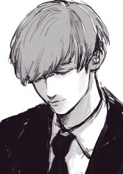 Rule 34 | 1boy, absurdres, closed eyes, closed mouth, collared shirt, commentary, futsuu no keion-bu, greyscale, head down, highres, isohiyodori k, jacket, monochrome, necktie, shirt, short hair, simple background, solo, suit jacket, takami kouki, white background