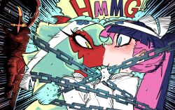 1boy 2girls accidental_kiss bound_together breast_press breasts chain colored_skin demon_girl dougi emphasis_lines french_kiss green_eyes hairband highres kiss large_breasts long_hair multiple_girls ninja_ghost_(psg) panty_&amp;_stocking_with_garterbelt purple_hair red_skin scanty_(psg) ssambatea stocking_(psg) symmetrical_docking yellow_eyes yuri