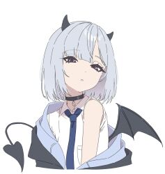 1girl black_choker blue_eyes blue_necktie choker commentary_request cropped_torso demon_tail demon_wings grey_hair highres horns jacket kaga_sumire looking_at_viewer necktie open_clothes open_jacket open_mouth roridaitouryou shirt simple_background solo tail virtual_youtuber vspo! white_background white_shirt wings