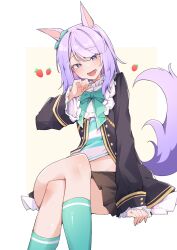 1girl absurdres airenif animal_ears black_jacket blue_eyes blush bow brown_skirt character_request crossed_legs drinking_straw ear_bow green_bow green_eyes green_socks highres horse_ears horse_girl horse_tail hoshiguma_yuugi jacket looking_at_viewer open_clothes open_jacket open_mouth pleated_skirt purple_hair shirt sitting skirt smile socks solo tail umamusume white_shirt
