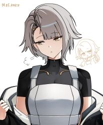 1girl breasts chibi cleavage dated girls&#039;_frontline girls&#039;_frontline_2:_exilium grey_hair highres k3_uddo019 medium_hair simple_background solo thumbs_up undressing upper_body vector_(girls&#039;_frontline) vector_(girls&#039;_frontline_2) white_background yellow_eyes