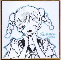 1girl absurdres apron bare_arms blue_eyes blue_outline bow bowtie braid bun_cover clenched_hands double_bun eyelashes greyscale hair_bun hair_ornament hairclip hands_on_own_chin happy hidari_(nanmu-left) highres lace-trimmed_apron lace_trim light_blush looking_at_viewer lower_teeth_only monochrome one_eye_closed open_mouth original outline sailor_collar school_uniform serafuku shirt short_hair short_sleeves signature smile solo spot_color teeth traditional_media twin_braids upper_body watermark weibo_watermark