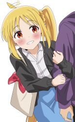 1boy 1girl ahoge ahoge_wag arm_hug bag blonde_hair blush bocchi_the_rock! expressive_hair handbag head_out_of_frame highres hood hoodie ijichi_nijika long_hair orange_eyes riokasen side_ponytail white_background