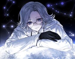 1boy aotsuki_eito black_gloves blue_eyes closed_mouth constellation eyelashes glasses gloves highres jacket long_sleeves looking_at_viewer male_focus moon moonlight night night_sky parted_hair sky solo solo_focus star_(sky) the_hundred_line_-last_defense_academy- upper_body white_hair white_jacket