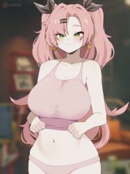 1girl alternate_costume animated black_ribbon blurry blurry_background bouncing_breasts breast_drop breasts closed_mouth earrings green_eyes hair_ribbon heart heart_earrings huge_breasts jewelry lifting_own_clothes long_hair mole mole_on_breast mole_under_eye navel nicole_demara nipples omeki panties pink_hair pink_panties ribbon smile solo stomach tagme two_side_up ugoira underwear video zenless_zone_zero