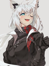 1girl absurdres ahoge animal_ear_fluff animal_ears black_gloves black_shirt blue_eyes braid chest_belt crossed_bangs fox_ears gloves hair_between_eyes highres hololive jacket low_ponytail one_eye_closed open_clothes open_jacket open_mouth ponytail ryou_(redrainbow) shirakami_fubuki shirt simple_background solo turtleneck upper_body virtual_youtuber white_background white_hair