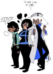 3girls :&lt; black_bodysuit black_hair black_pants blush bob_cut bodysuit clenched_hands crossed_legs dark_skin english_text fingerless_gloves gloves hand_on_another&#039;s_shoulder hat high_collar highres hunched_over jacket messy_hair multiple_girls non-web_source original pants playstation_4_(personification) playstation_5_(personification) ps4_chan ps5_chan sony speech_bubble thekkm very_dark_skin white_hair white_headwear