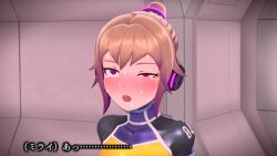 1girl 3d agent_mirai ahegao blender_(medium) blush bodysuit brown_hair crying crying_with_eyes_open headphones highres mirai_(agent_mirai) open_mouth ponytail purple_eyes rolling_eyes saliva skin_tight solo sweat tears umaaji_lady_mk2