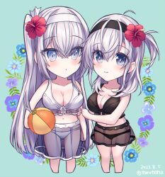 2girls ball beachball bikini black_bikini black_headband blue_eyes blush breasts chibi cleavage cropped_legs dated flower fuyutsuki_(kancolle) grey_eyes grey_hair hair_flower hair_ornament headband hibiscus holding holding_ball kabocha_torute kantai_collection large_breasts long_hair multiple_girls one_side_up parted_lips red_flower see-through_clothes see-through_skirt simple_background skirt suzutsuki_(kancolle) suzutsuki_(swimsuit)_(kancolle) swimsuit twitter_username white_bikini white_headband