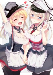 10s 2girls :d :o ^_^ adapted_costume apron arm_up asymmetrical_docking black_legwear blonde_hair blue_eyes border breast_press breasts cleavage closed_eyes corset detached_collar dirndl closed_eyes german_clothes graf_zeppelin_(kancolle) grey_background holding_hands hat heart highres igayan interlocked_fingers kantai_collection large_breasts long_hair low_twintails multiple_girls open_mouth outside_border pantyhose peaked_cap prinz_eugen_(kancolle) simple_background smile spiral tearing_up thighhighs tongue tongue_out twintails underbust waist_apron white_background white_border