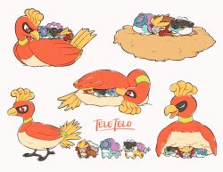 beak bird bright_pupils closed_eyes closed_mouth commentary entei gen_2_pokemon happy highres ho-oh in_nest legendary_pokemon looking_back lying nest nintendo no_humans on_stomach pokemon pokemon_(creature) raikou red_eyes sleeping smile suicune teletelo white_pupils
