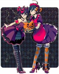 2boys alternate_costume apron black_hair candy closed_mouth collarbone commentary_request crossdressing danganronpa_(series) danganronpa_v3:_killing_harmony demon_horns demon_tail demon_wings dress flipped_hair food full_body hair_between_eyes halloween halloween_costume high_heels highres horns long_sleeves looking_at_viewer male_focus medium_hair multiple_boys oma_kokichi purple_eyes purple_hair saihara_shuichi short_hair silk smile spider_web standing striped_clothes striped_thighhighs tail thighhighs trap wings yayuyo_(kana_toco) yellow_eyes