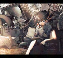 2boys black_hair blonde_hair blue_jacket book crow_hogan fudo_yusei gloves jacket junk lunapont male_focus medium_hair multicolored_hair multiple_boys reading reflection sitting solo_focus spiked_hair streaked_hair two-tone_hair watermark white_gloves yu-gi-oh! yu-gi-oh!_5d&#039;s