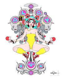 1girl animal_ear_headwear animal_ears artist_name bare_arms bare_shoulders black_eyes black_hair breasts cable cat_ears cleavage commentary drone english_commentary fake_animal_ears full_body helmet highres holding kneehighs knees knees_apart_feet_together large_breasts leotard light_blush lipstick looking_up makeup mechanical_ears original pinup_(style) red_lips shoes short_hair signature simple_background sneakers socks solo space_helmet straight-on strapless strapless_leotard watermark wen_juinn white_background white_shoes yellow_leotard yellow_socks
