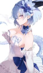 Rule 34 | 1girl, absurdres, bare shoulders, breasts, cleavage, commentary, detached collar, detached sleeves, dress, eyes visible through hair, filene (shadowverse), from side, highres, horns, ichien ekaki, large breasts, looking to the side, medium hair, parted lips, pink eyes, pointy ears, profile, shadowverse, sideboob, solo, standing, strapless, strapless dress, tail, upper body, white dress