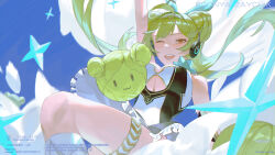 1girl ;d absurdres ahoge ai_hyperion_lambda ai_hyperion_lambda_(chrono_navi) arm_up blue_sky breasts cabbage cong_xiang_huanxiong dress earphones green_hair highres honkai_(series) honkai_impact_3rd long_hair looking_at_viewer medium_breasts one_eye_closed open_mouth orange_eyes outdoors sky smile solo twintails underboob very_long_hair white_dress