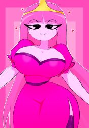 1girl adventure_time breasts cleavage colored_skin cowboy_shot crown dress heart highres jewelry large_breasts long_hair naughty_face no_sclera pink_background pink_dress pink_hair pink_skin princess_bonnibel_bubblegum very_long_hair wide_hips xan_(xan42705228)