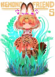 1girl :3 animal_ear_fluff animal_ears animal_print arms_behind_back blonde_hair blouse bow bowtie chibi copyright_name elbow_gloves extra_ears female_focus full_body gloves grass high-waist_skirt kemono_friends looking_at_viewer medium_hair notora outline print_bow print_bowtie print_gloves print_neckwear print_skirt serval_(kemono_friends) serval_tail shirt skirt sleeveless sleeveless_shirt smile solo tail thighhighs traditional_bowtie white_outline yellow_eyes