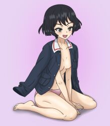 1girl black_hair blush girls_und_panzer green_eyes kkonmulbeom_nyomy military_uniform nipples no_bra ooarai_military_uniform open_mouth panties pink_panties purple_background short_hair simple_background smile solo underwear utsugi_yuuki