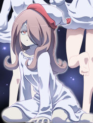 10s 1girl :o awa barefoot female_focus hair_over_one_eye hat little_witch_academia long_hair nightcap nightgown pajamas purple_hair red_eyes sitting solo sucy_manbavaran wariza