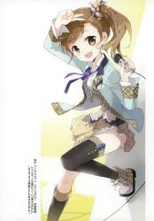 1girl :d absurdres black_thighhighs brown_eyes brown_hair female_focus futami_mami highres idolmaster idolmaster_(classic) legs microphone open_mouth shoes side_ponytail skirt smile solo thighhighs tiv v
