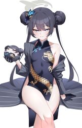 1girl absurdres ball bare_shoulders black_dress black_gloves blue_archive braid braided_bun butterfly_hair_ornament character_doll china_dress chinese_clothes coat crossed_legs doll double_bun dragon_print dress flower_pin gloves grey_eyes grey_halo hair_bun hair_ornament halo hat highres holding holding_doll jacket kisaki_(blue_archive) kurosaki_saya loli looking_at_viewer off_shoulder pelvic_curtain pinstripe_jacket pinstripe_pattern print_dress school_hat sitting sleeveless sleeveless_dress smile solo souvenir_doll_(blue_archive) striped_clothes striped_coat striped_jacket vertical-striped_coat white_background