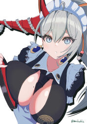 1girl apron artist_name asymmetrical_horns azur_lane between_breasts black_necktie breasts center_opening commentary_request grey_eyes grey_hair hair_between_eyes hair_on_horn hakuryuu_(azur_lane) hakuryuu_(slice_dice_and_serve)_(azur_lane) highres horns large_breasts long_hair looking_at_viewer maid_headdress meda_otoko mismatched_horns mole mole_on_breast multiple_horns necktie necktie_between_breasts official_alternate_costume red_horns slit_pupils white_apron