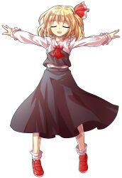 1girl alphes_(style) black_dress black_vest blonde_hair blouse closed_eyes collared_shirt commentary_request dairi dress fang frilled_sleeves frills full_body hair_ornament hair_ribbon large_variant_set long_sleeves open_mouth outstretched_arms parody red_ribbon red_shoes ribbon rumia shirt shoes short_hair solo style_parody tachi-e touhou transparent_background two-tone_ribbon variant_set vest white_shirt