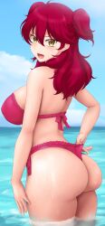 1girl absurdres ass bikini bikini_pull blush breasts caustics clothes_pull earrings fang freckles frilled_bikini frills from_behind gundam gundam_00 highres huge_ass jewelry large_breasts long_hair looking_at_viewer looking_back nena_trinity ocean open_mouth otohukebonne red_bikini red_hair shiny_skin smile solo standing swimsuit two_side_up bad_tag wading water wet yellow_eyes