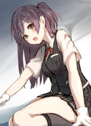 1girl absurdres ahoge black_skirt black_vest bow bowtie breast_pocket brown_eyes buttons collared_shirt commentary_request eyelashes full_body gloves gradient_background grey_background grey_socks hagikaze_(kancolle) head_tilt highres kantai_collection katoroku kneehighs kneeling light_blush long_hair looking_at_viewer miniskirt open_mouth pleated_skirt pocket purple_hair red_bow red_bowtie shirt short_sleeves skindentation skirt smile socks solo tareme thighs twitter_username two_side_up vest white_background white_gloves white_shirt