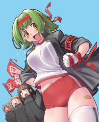 Rule 34 | 2boys, 2girls, :d, armband, banchou, bandaid, bandana, blush, buruma, clenched hand, clothes writing, cowboy shot, delinquent, fang, gakuran, gloves, green hair, gym uniform, headband, kei jiei, looking at viewer, multiple boys, multiple girls, navel, open mouth, ouendan, school uniform, serafuku, short hair, single vertical stripe, sleeves rolled up, smile, thighhighs, white gloves